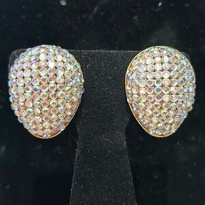 Vintage Aurora Borealis Iridescent Large Pavé Crystal Button Earrings-Boutique